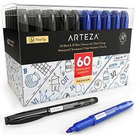 Arteza Permanent Markers Set of 60 (30 Black and 30 Blue, Fine Tip), Quick Drying, Waterproof, Premium Quality Permanent Marker, Office Supplies for Home, Office, Schools