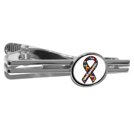 Autism Awareness Ribbon on White Round Tie Bar Clip Clasp Tack - Silver