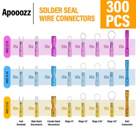 Apooozz 300 PCS Heat Shrink Wire Connectors Kit- Electrical Waterproof Crimp Terminals Set- Insulated Rings Forks Spade Butt Splices- Wiring Connector Assortment Perfect for Automotive Marine Boat