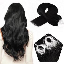 Micro Hair Extensions Human Hair Black,24inch Microlink Hair Extensions,Micro Ring Jet Black #1 Micro Loop Human Extensions Hair 50g/Pack,1g/Strand