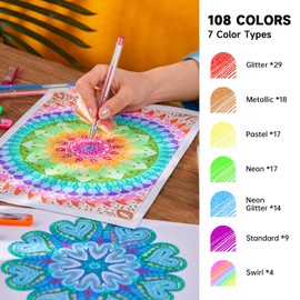 Lineon ジェルボールペン カラーペン 108色セット 水性 カラーボールペン ゲルインク 耐光 耐水 大人の塗り絵 イラスト お絵描き 落書 スケッチ デザイン 手帳 ノード メモ取り メタリック 蛍光 ラメ色 子供用 入学お祝い クリスマス プレゼント 透明ケース付き