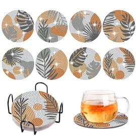 Acboor Diamond Painting Coasters, Pack of 8 DIY Green Leaves Diamond Coasters with Holder, Decorative Wooden Coasters with Diamond Painting Kit for Adults, Children, Beginners