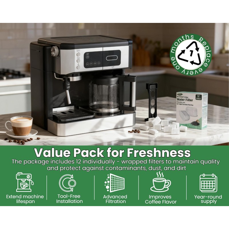 12 Pack Activated Charcoal Water Filter for Delonghi Espresso Machine