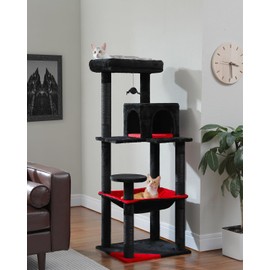 PEQULTI Cat Tree for Large Cats with Metal Frame Big Hammock, Cat Tower for Indoor Cats with 2 Door Condo House, [56.3"=143cm] Multi-Level Cat Shelves with Scratching Posts and Top Perch, Black