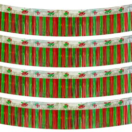Christmas Decorations 4 Pack Total 40 Feet Tinsel Foil Fringe Garland Curtains Streamers Hanging Red Sliver and Green Jingling Bell Backdrop Banner for Car Parade Floats Christmas Birthday Party Decor