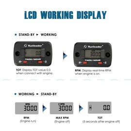 Runleader Hour Meter for Small Engine Tachometer with Alligator Clip Pick-up - Maintenance Reminder, Battery Replaceable,Display Shutdown for Lawn Tractor Marine Jet Ski Dirt Bike