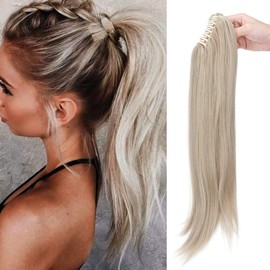 Ponytail Extension, Ponytail Braid with Clip, Hairpiece, Hair Extension, Heat Resistant, Micro Wavy Like Real Hair, 22 Inches (55 cm), Ash Blonde Mix Bleached Blonde