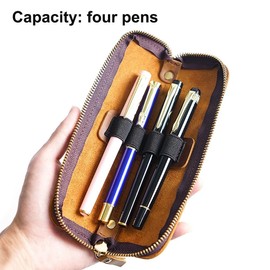 DONGKER Leather Pencil Case, Vintage Pencil Case, Retro Pencil Case with 4 Pen Loops and Zip for Ballpoint Pens, Fountain Pens, Brushes etc., dark green, Refined