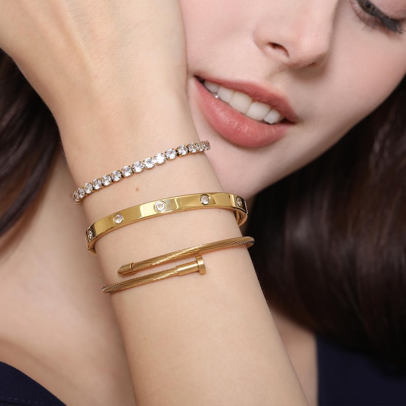18K Gold Plated Stackable Love Bangle Bracelet Set for Women