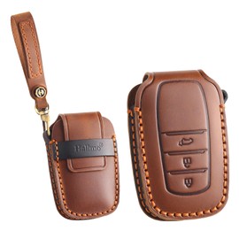ontto Car key cover fit for Toyota Corolla RAV4 Prime Mirai Hilux Land Cruiser Venza Harrier Sienna Fortuner leather key case holder keyring key chain Smart Key Shell Accessories 3 buttons Brown