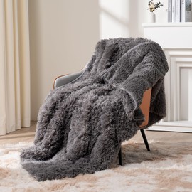 Topblan Faux Fur Weighted Blanket 12lbs, Shaggy Fuzzy Weighted Throw Blanket with Premium Sherpa Fleece, Warm and Cozy Twin Bed Blanket to Help with Better Sleep, 48x72 inches Grey