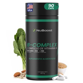 Nuboost Complejo B Completo - Vitamina B - 510 mg por Cápsula, 90 Cápsulas - Vitaminas B12, B1, B2, B3, B5, B6, B7 y B9 - Suplemento para Energía y Sa