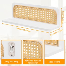 Yallmie 2PCS Rattan Floating Shelves, Handmade Floating Rattan Book Shelves Rattan Shelf Wall, Easy to Install, Decorative Wall Shelves for Bedroom for Office, Bedroom, Bathroom