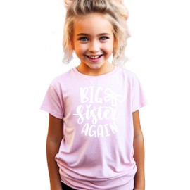 Olive Loves Apple Big Sister Again Bow Sibling Reveal Birth Announcement Shirts for Girls Pink Shirt