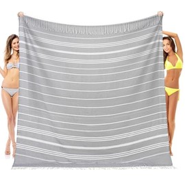 Oversized Giant Turkish Beach Towel Blanket Extra Large XXL Lightweight Cotton Quick Dry Sand Free Boho Throw Pool Cloud Sandrpoof Blankets Women Men Big Jumbo Wide 2 Person Size Grey Stripes