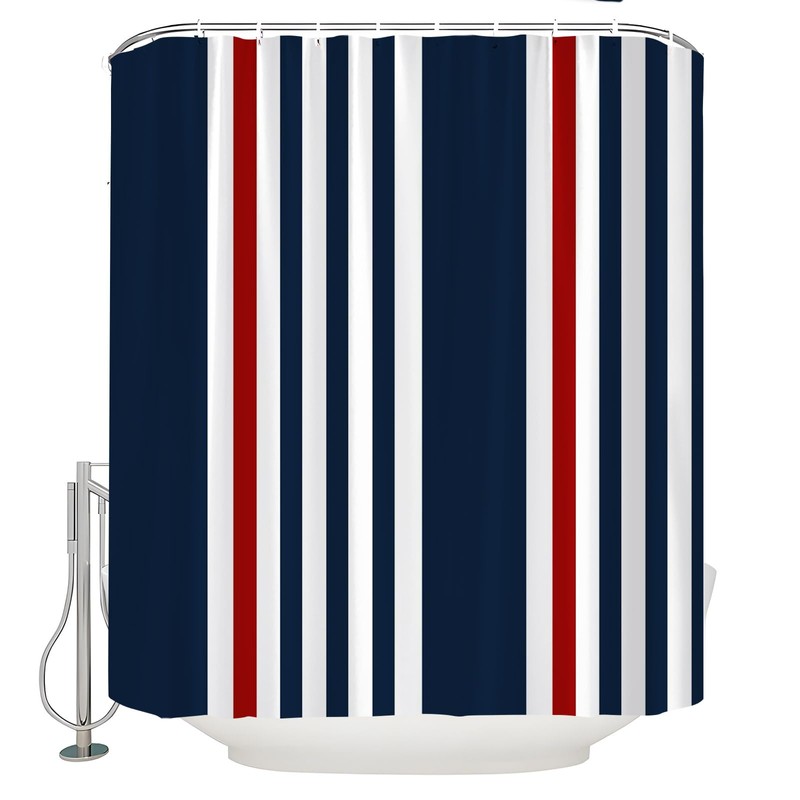 QSSMQS Navy Blue Red Striped Shower Curtain Modern Abstract Vertical