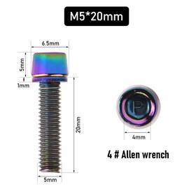 Pack of 10 Bicycle Stem Screws, M5 x 20mm Bicycle Shaft Bolts with Washers, Bicycle Cone Bolts, Bicycle Stem Bolts, Taper Head Screw for Mountain Bike (Multi-Colour)