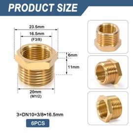Brass Reducer, 1/2 Inch Male Thread x 3/8 Inch Female Thread Pipe Fitting Reducer with Brass Thread, Brass Hex Bushing for Water Pipe, Air, Oil (Pack of 6)