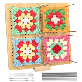 Locking Board for Granny Square, Handmade Bamboo Blocking Boards, 9.3 Inch Crochet Blocking Board, Knitting and Crochet Projects with 20 Stainless Steel Rod Pins and 5 Needles