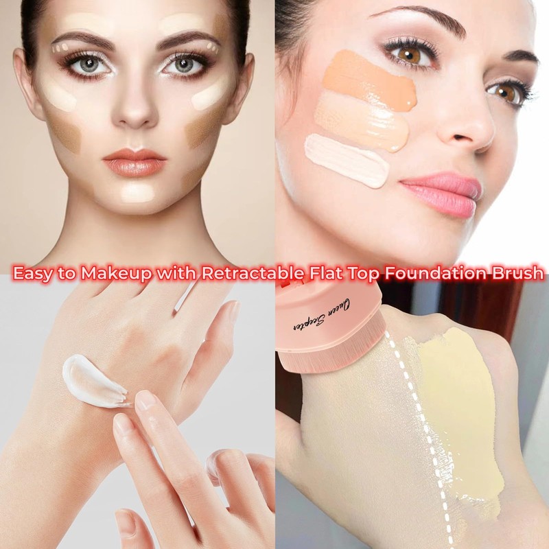 Retractable Flat Liquid Foundation Makeup Brush with Cover, Flat Top