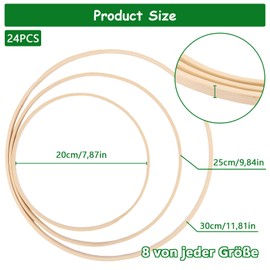 CYEER Pack of 24 Wooden Rings for Crafts 30/25/20 cm, Wooden Rings Macrame, Wooden Hoop for Crafts, Wooden Ring Bamboo Flower Wreath Decoration for Wedding Wreath Decor and DIY Crafts
