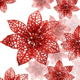 WILLBOND 36 Pieces 3 Size Christmas Glitter Poinsettia Faux Wedding Flowers Christmas Flowers Decoration Ornaments for Christmas Tree New Year Home Outdoor Decoration (Red)