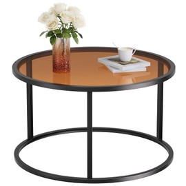 SAYGOER Glass Coffee Table Round Modern Coffee Tables Small Mid Century Coffee Table for Living Room Home Office Simple Retro Table Top with Metal Frames, Easy Assembly, Brown Black