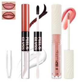 HOSAILY Dual Ended Peel Off Lip Liner Hyaluronic Acid Lip Gloss Set, Moisturizing Waterproof Long Lasting Tattoo Lip Stain with Nude Pink Lip Oil for Women, Non Sticky Lip Tint Glossy Lip Combo Kit