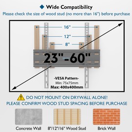 BONTEC TV Wall Mount Tilting for 23-60 inch TVs, Low Profile Design, Max VESA 400x400mm, Holds up to 115lbs, TV Mount for LCD LED OLED Flat Screens, Fixed Ultra Slim Bracket Fits 16" Studs