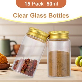 JIUWU 15 Pack 5/3 oz Glass Bottles with Lids,50 ml Small Jars Gold Cap Dispenser Bottles for Kitchen Seasonings