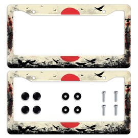 2PCS Japanese Samurai License Plate Frame Sunset Crow Red Sun Ninja Car Front License Plate Personalise Stainless Steel Metal Car Plates Funny License Plate Frames Decorative 12.3" x 6.3"