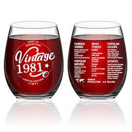 Greatingreat 1981 Old Time Information 40th Birthday Gifts for Women Men - 1981 Vintage 15 oz Stemless Wine Glass - 40 Year Old Birthday Party Decorations - Forty Class Reunion Ideas