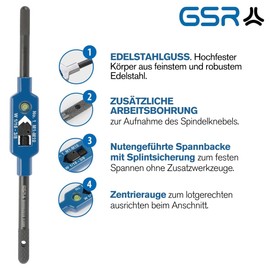 GSR Steel Tap Wrench with Centring Eye, Silver (Size 1.1/2 | M1 - M12), Holder for Taps, Square Socket, Made of High-Quality Stainless Steel, Adjustable Steel Tap Wrench