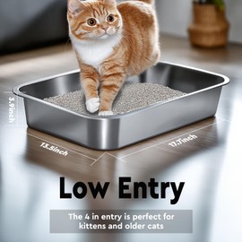 Stainless Steel Cat Litter Box Kitty Litter Box with Letter Stickers Metal Cat Litter Pan Indoor Litter Tray, Pet Toilet Supplies for Kitten, Rabbit, Non Stick,Anti-Slip Rubber Bottom,Easy to Clean