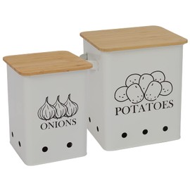 Gdfjiy Kitchen Vegetable Storage Tins Set of 2 for Potatoes, Onion, with wooden lid Garlic Bin Caddy, Long Shelf Life-white