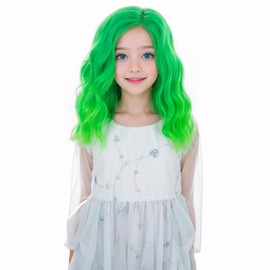 Green Wig for Kids - Short Wavy Synthetic Fiber Wig, Ombre Green, Shoulder Length, Cosplay Party Costume, Side Part