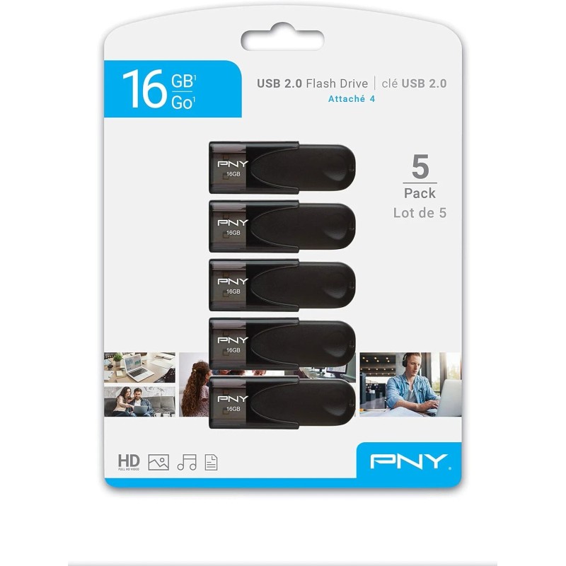 Pny 16Gb Attache 4 Usb 2.0 Flash Drive 5-Pack Personal