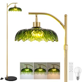 EIDISUNY Gold Floor Lamp for Living Room, Modern Standing Lamp with Remote, Dimmable, 3CCT, Arc Tall Floor Lamp with Green Glass Lampshade for Bedroom Study Room Office (Bulb Included)