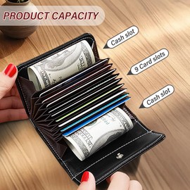AdiStylinno Women Credit Card Holder, Leather Credit Card Wallet Solid Color Compact Accordion Card Wallet with Snap, Lady Small Purse Card Case with 9 Card Slots and 2 Cash Slots (Black)
