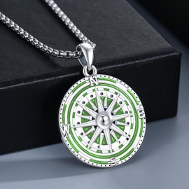 YueYuan Compass Necklace 925 Sterling Silver Compass Pendant Chain Necklace Green Compass Necklace Jewellery Gift for Men Women, Sterling Silver, No Gemstone