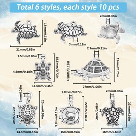SUNNYCLUE 1 Box 60Pcs Turtle Charms Silver Tortoise Charm Bulk Alloy Antique Ocean Life Animal Creatures Tortoises Sea Turtle Charms for Jewelry Making Charms Necklace Keychain DIY Craft Supplies