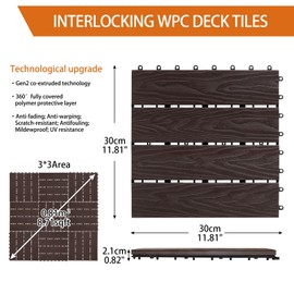 ShunHong Polymer Composite Interlocking Deck Tiles Outdoor,12x12 Composite Decking Boards for All Weather Use,WaterproofPoolside,Balcony,Patio(9Pcs,Coffee,9 sqft)