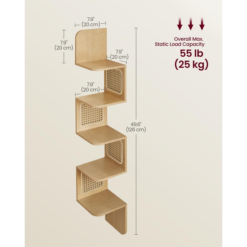 VASAGLE 5-Tier Corner Shelf, Wall Mounted Floating Shelf, Zigzag Corner