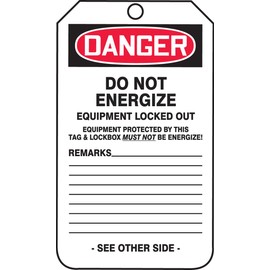 Accuform MDT181CTP PF-Cardstock Jumbo Tag, Legend "Danger DO NOT Energize Equipment Locked Out", 8-1/2" Length x 3-7/8" Width x 0.010" Thickness, Red/Black on White (Pack of 25)