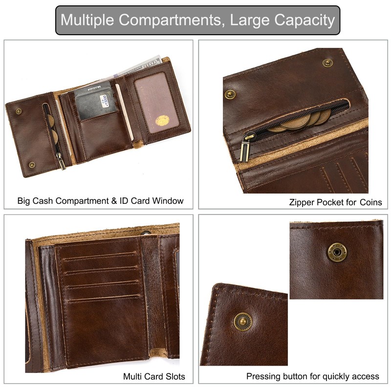 LUUFAN Men's Genuine Leather Short Wallet Trifold Anti-Theft Chain Purse