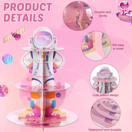 Honeydak 3 Tier Space Astronaut Cupcake Stand Decorations Pink Space Theme Cupcake Holder Decorations Planet Dessert Tower for Kids Galaxy Spaceman Pink Theme Birthday Party Supplies