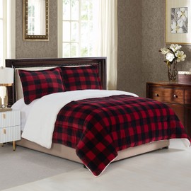 Elegant Comfort Softest, Coziest Premium Quality Heavy Weight Micromink Sherpa-Backing Reversible Down Alternative Micro-Suede 3-Piece Comforter Set, Full, Buffalo Plaid, Burgundy/Black