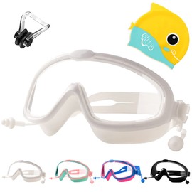Tyuodna Kids Swimming Goggles With Ear Plugs, Nose Clips and Cap - Anti-Fog, Waterproof, UV Protection for Children 3-8 (Yellow-White)