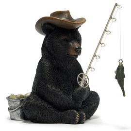 Hodao Black Bear Fishing Figurines Decoration Summer Bear Crafts for Home Office Desk Decor Statue for Tabletop Shelf Decoration Ornament Gifts Decor for Beach Fishing Lovers (Black)