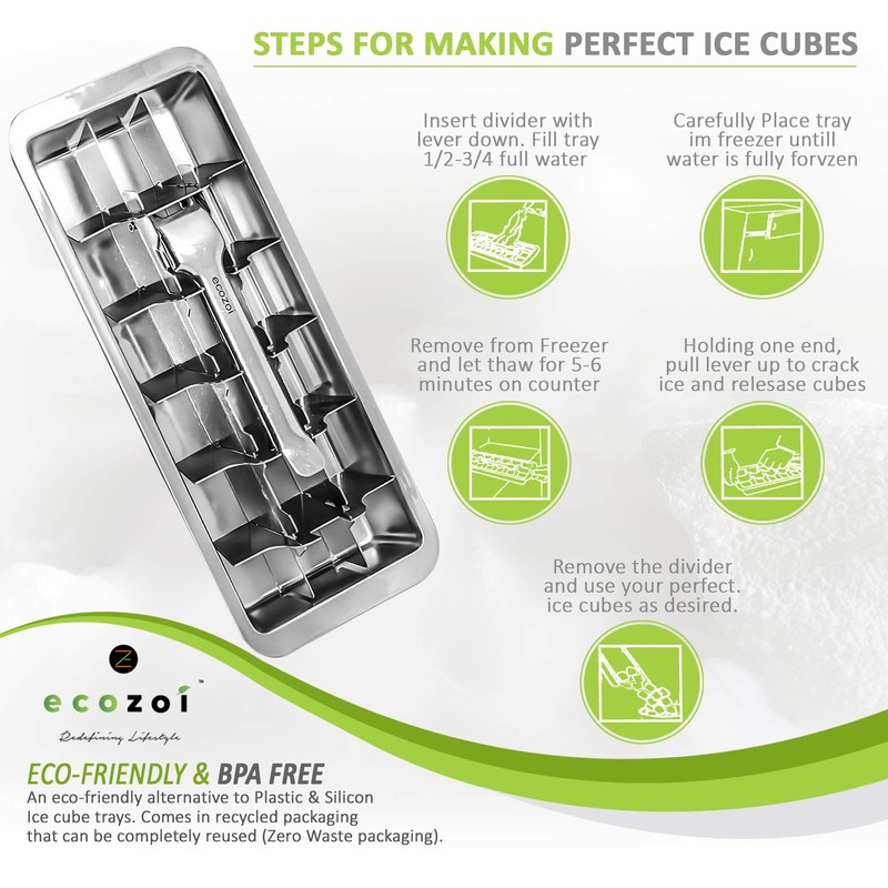Ecozoi Stainless Steel Metal Ice Cube Trays With Easy Release